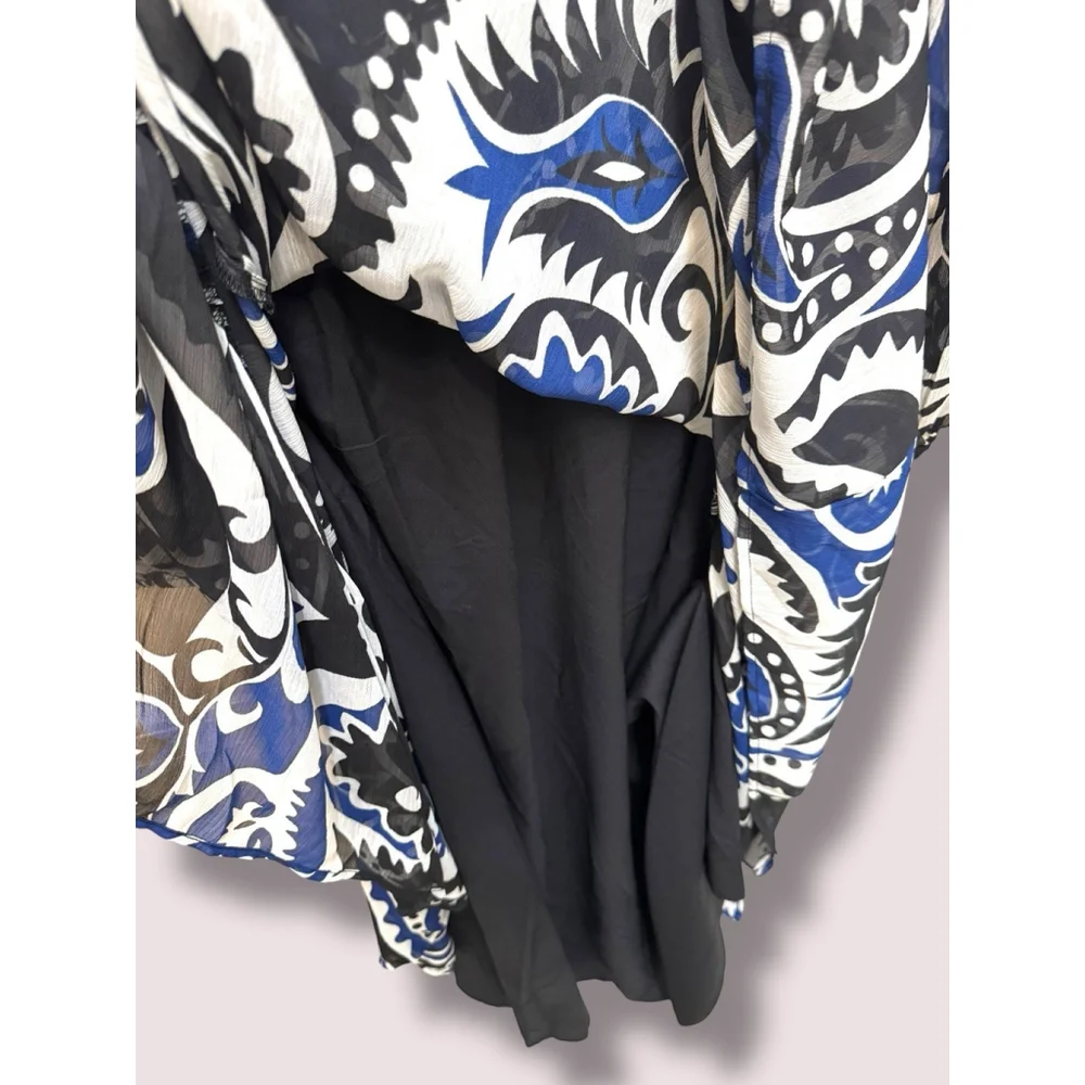 Loft Paisley Shirred Flounce Long Sleeve Midi Dress Tiered Blue White Size 8